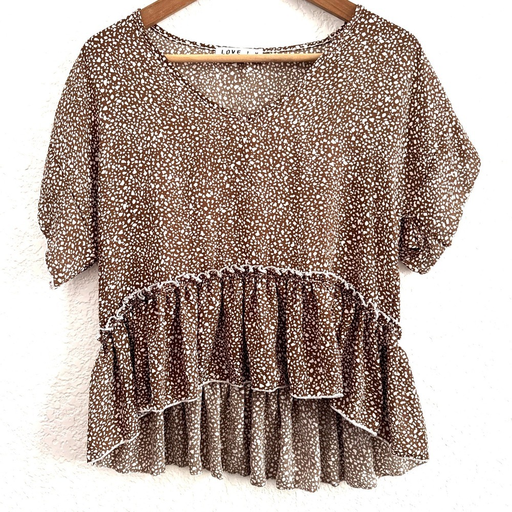 Love J Blouse Animal Print Short Sleeve Brown White Top Women Size Medium
